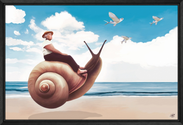 Old lady on snail, 2023 – Peinture digitale, tirage unique, 50 x 75 cm. ©Kiká Gómez Ilian. Old lady on snail, 2023 – Peinture digitale, tirage unique, 50 x 75 cm. ©Kiká Gómez Ilian.