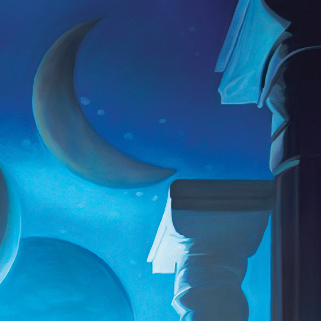 Peinture digitale surréaliste d'une femme âgée assise sur un lamantin volant, avec un décor mystique composé de colonnes anciennes et de multiples croissants de lune dans un ciel nocturne bleu.