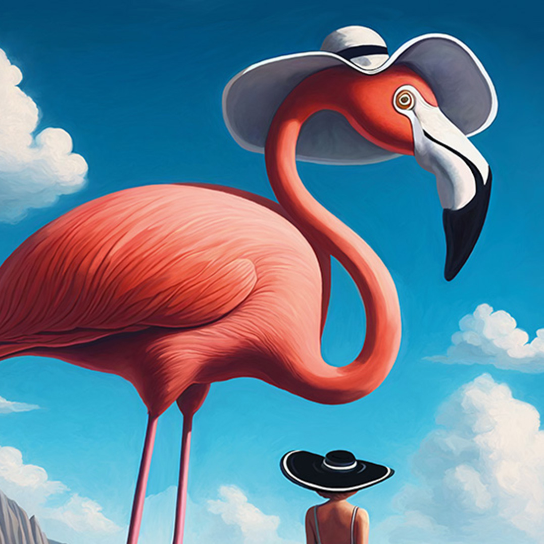 Illustration surréaliste représentant une femme en robe blanche et chapeau noir, debout sur une plage face à la mer, accompagnée d'un gigantesque flamant rose également coiffé d'un chapeau. Le ciel bleu est parsemé de nuages blancs, et des montagnes se dessinent en arrière-plan.
