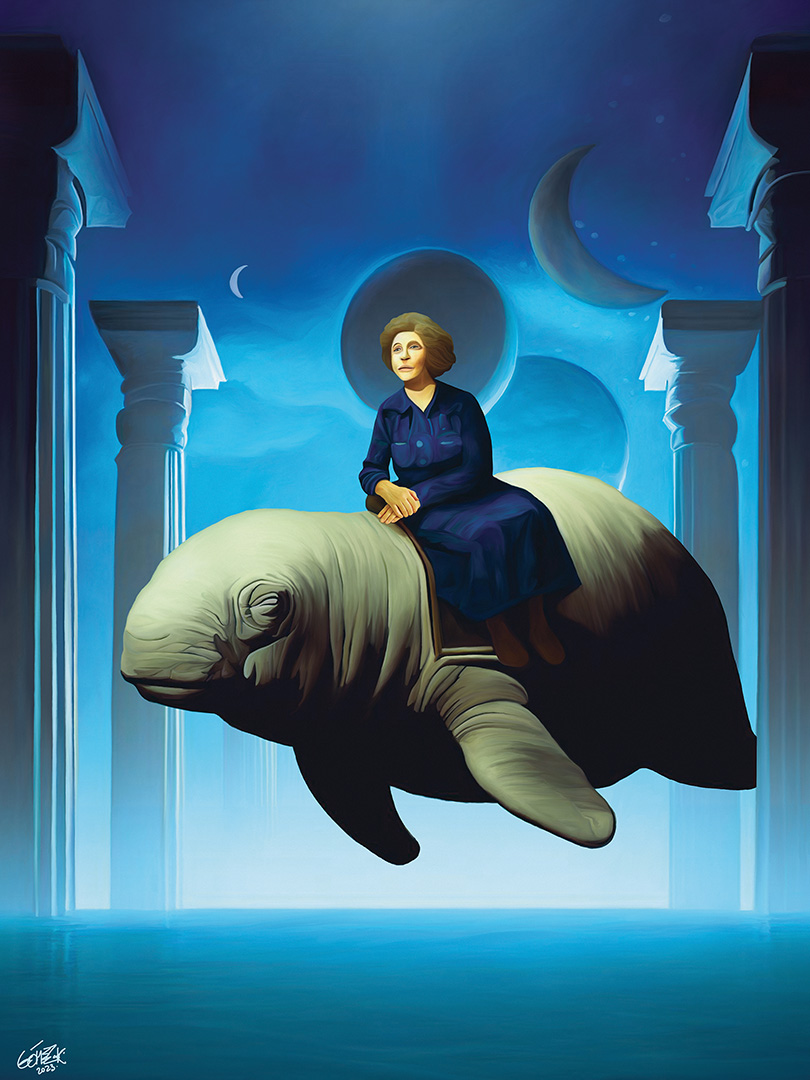 Peinture digitale contemporaine. Photo du tableau "Old lady on manatee"
