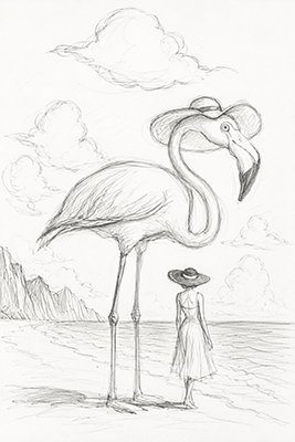 Dessin préparatoire au crayon de Rencontre onirique du Flamant rose et de la dame au chapeau